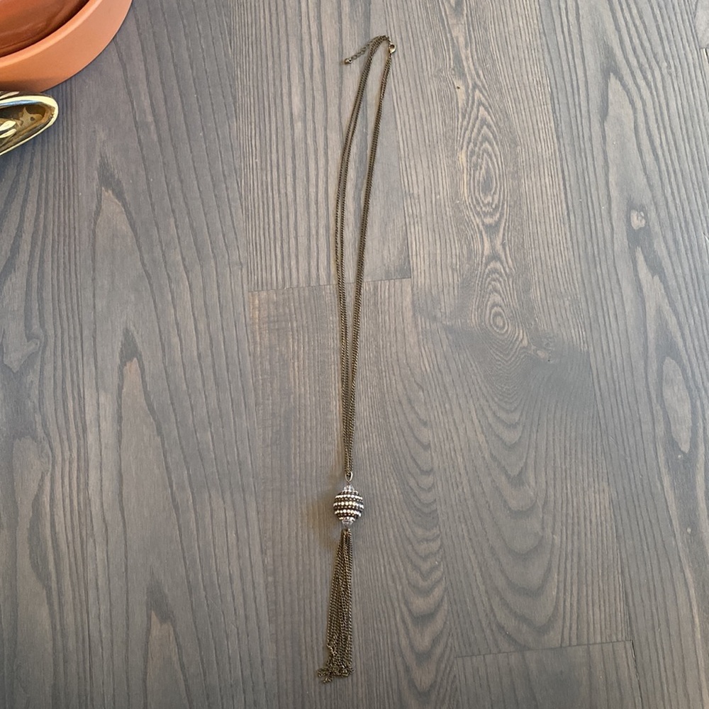 3 for $18 Long double chain necklace w/ rhinestone ball pendant and chain tassel - Picture 4 of 4